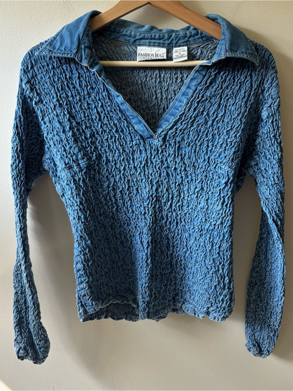Fashion Bug Denim-Blue Crinkle Long Sleeve V Neck Top